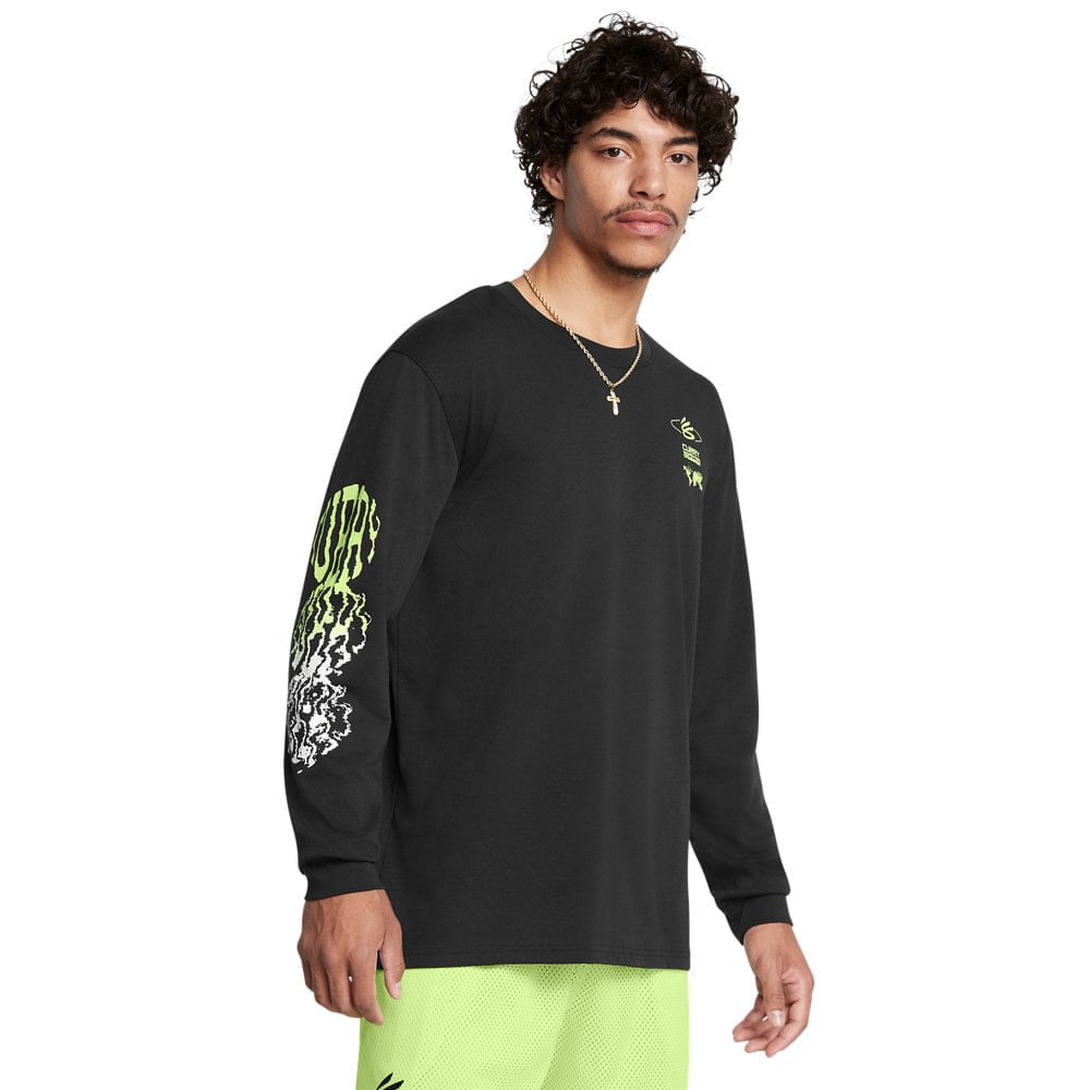 Camiseta de Basquete Manga Longa Masculina Under Armour Curry Verbiage - M Preto
